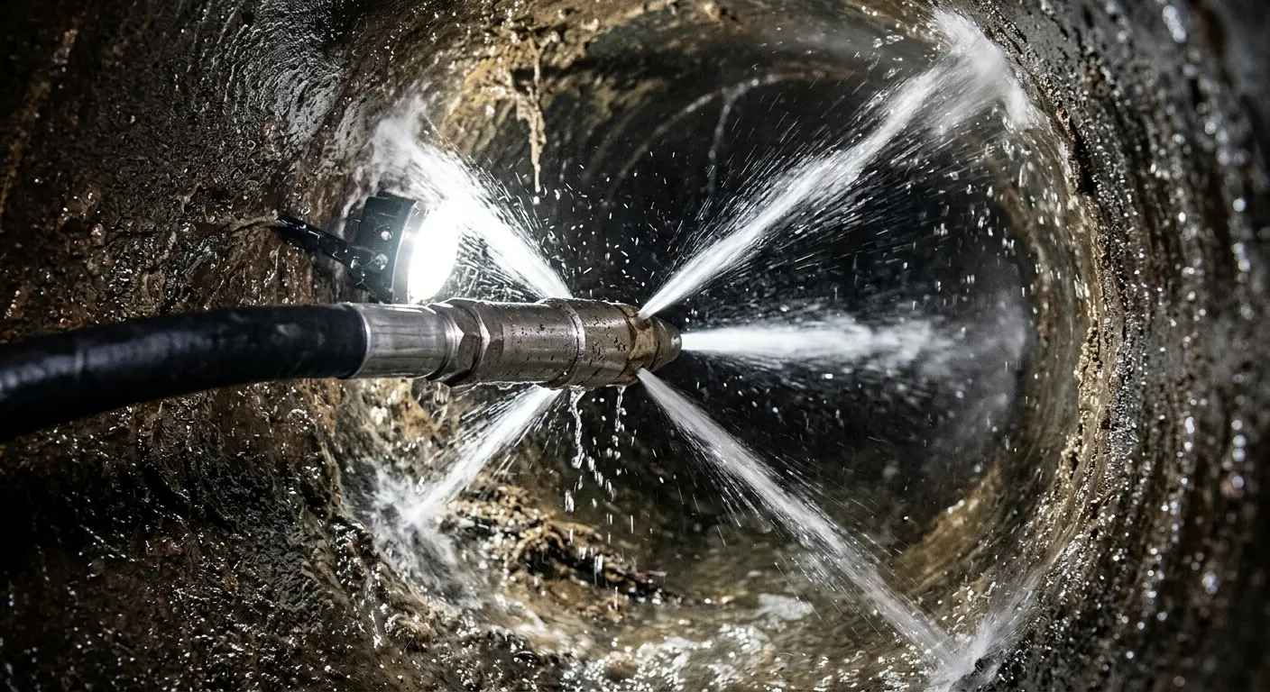 High-pressure hydro jetting nozzle cleaning sewer pipe for Sewer Cleanout in Northfield