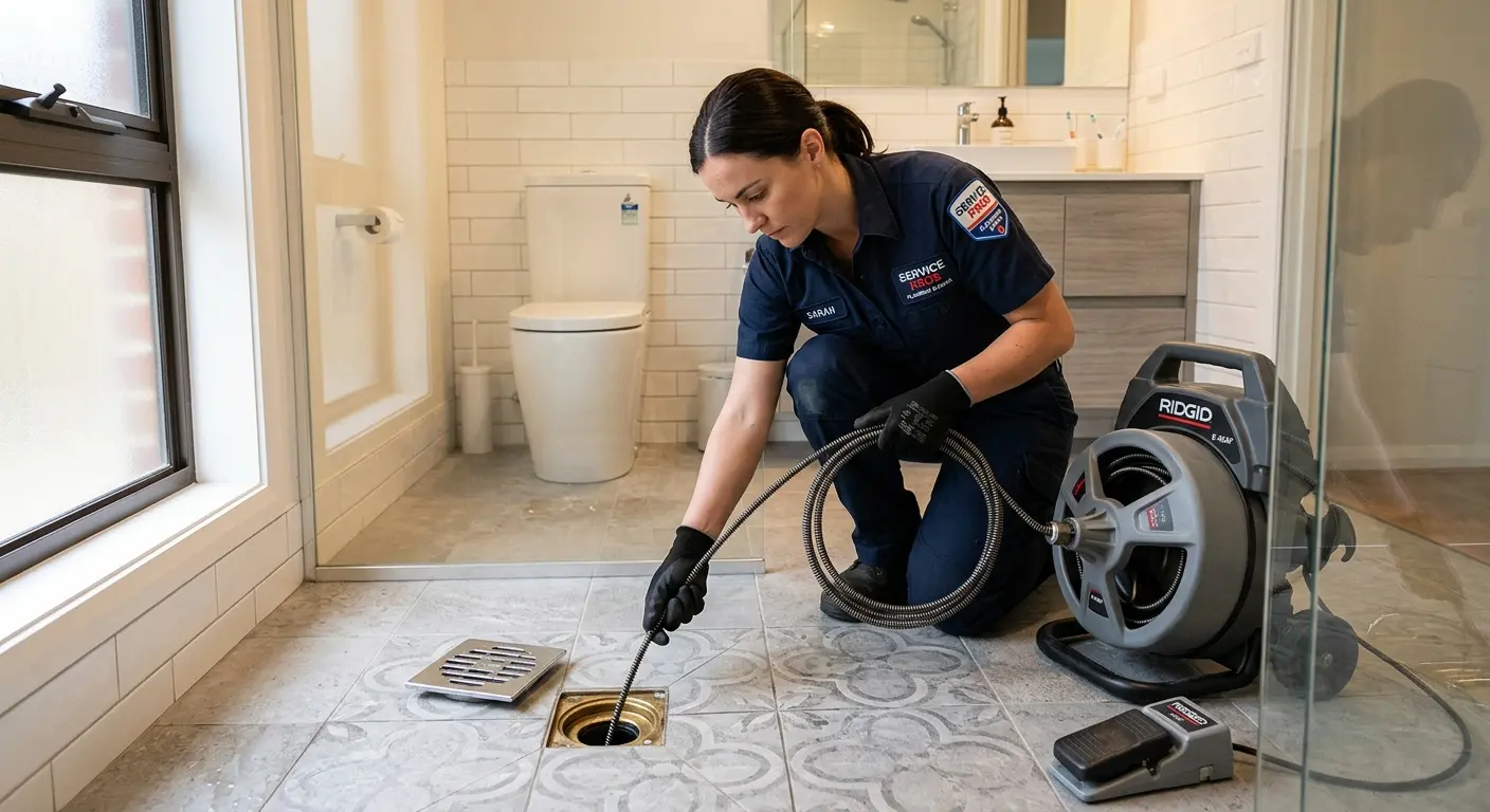 Technician clearing a bathroom floor drain for Hydro Jetting in Northfield